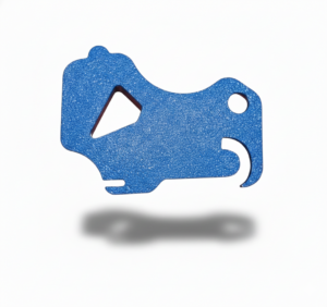 Blue 3D-printed Shimano derailleur J-lock out tool on white background with soft shadow